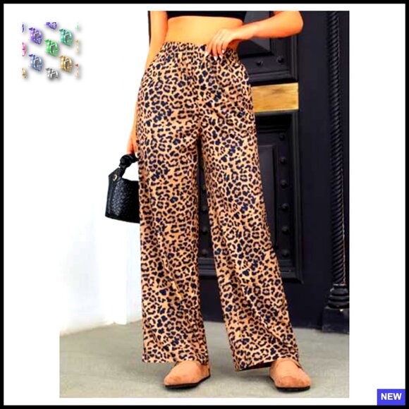 Leopard Print Wide Leg Palazzo Pants Elastic High Waist Casual Chic Y2K - Picture 4 of 6